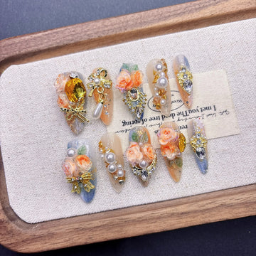 Qfdian Luxury Press On Nails French Romantic Style with Alloy Gems Crystal Pearls Resin Flowers Elegant Glam Design for Party Wedding